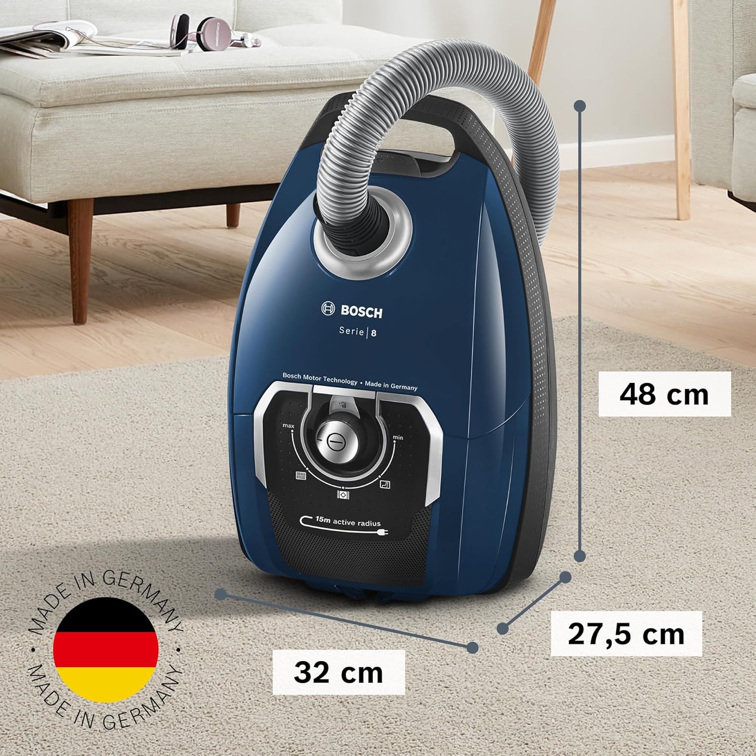 Bosch Staubsauger mit Beutel Serie 8 BGB75X494, Bodenstaubsauger, ideal für Allergiker, Hygiene-Filter, Bodendüse für Parkett, Teppich, Fliesen, langes Kabel, leise, 650 W, blau